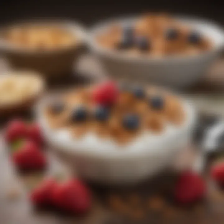 A bowl of hearty granola mixed with yogurt and topped with fresh berries.