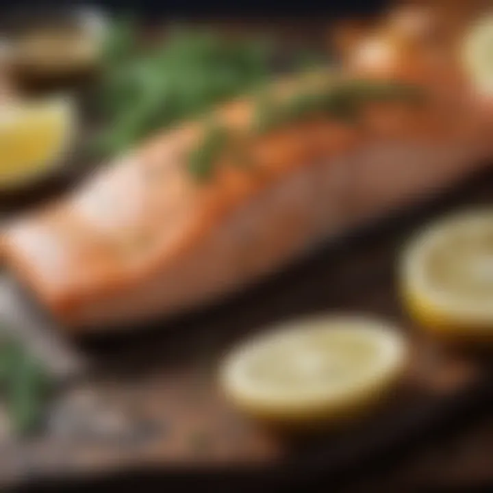 Baked salmon fillet garnished with dill and lemon slices