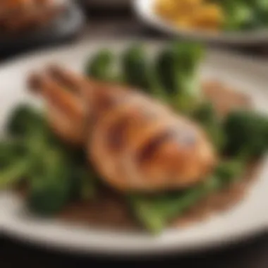 A plate of grilled chicken served with a side of steamed broccoli and lentils