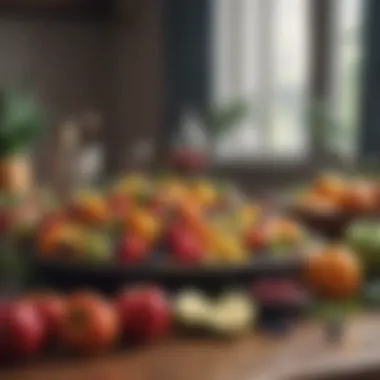 A vibrant spread of colorful fruits and vegetables on a table.