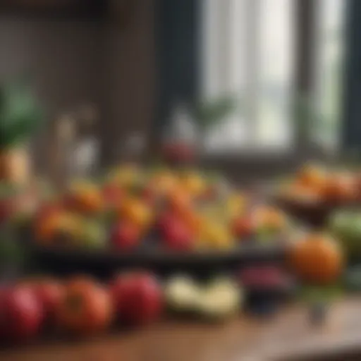 A vibrant spread of colorful fruits and vegetables on a table.