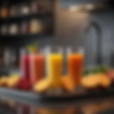 Assorted juices presented stylishly on a countertop