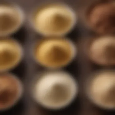 A close-up of almond flour, coconut flour, and flaxseed meal in small bowls.