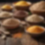 An array of keto-friendly grain substitutes arranged on a wooden table.