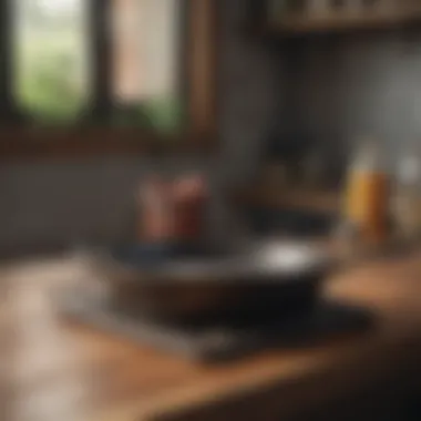 A pristine cast iron pan resting on a wooden countertop