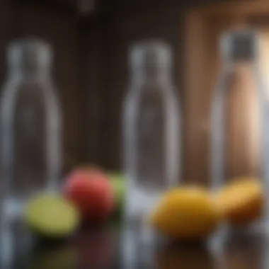 Visual representation of hydration with water bottles and fruits