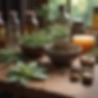 Close-up of herbal remedies arranged beautifully on a wooden table