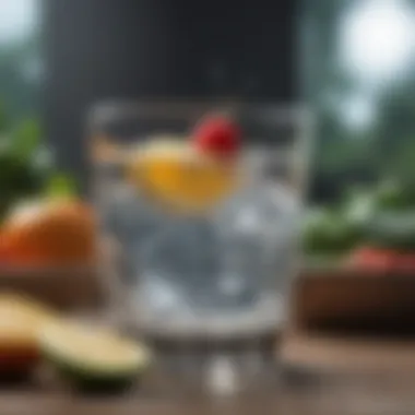 A refreshing glass of clear water surrounded by a backdrop of fresh produce