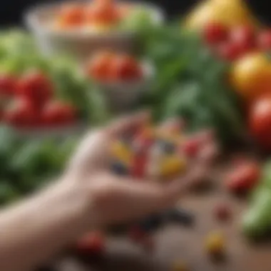 A close-up of a hand holding a vitamin tablet with fresh fruits and vegetables in the background