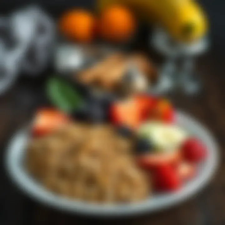 Complex Carbohydrates: Sustaining Energy and Satiety A visually appealing plate featuring complex carbohydrates like whole grains and fruits.