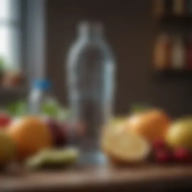 A hydration reminder with water bottles surrounded by fruits.