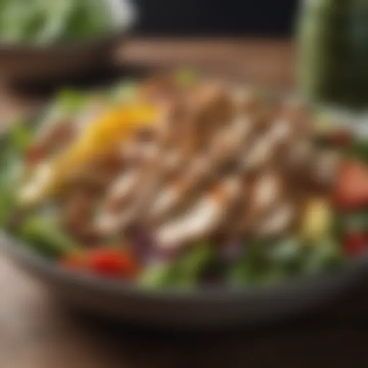 Fresh salads rich in protein with nuts and grilled chicken