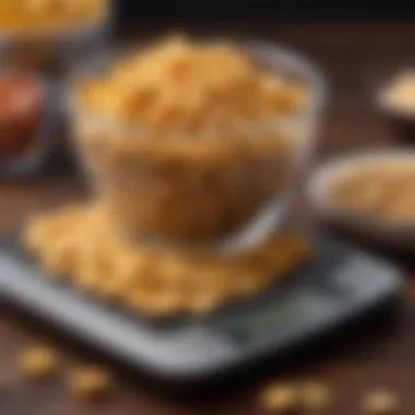 Portion Control for Salty Snacks A measuring cup filled with a portion of salty snacks next to a scale