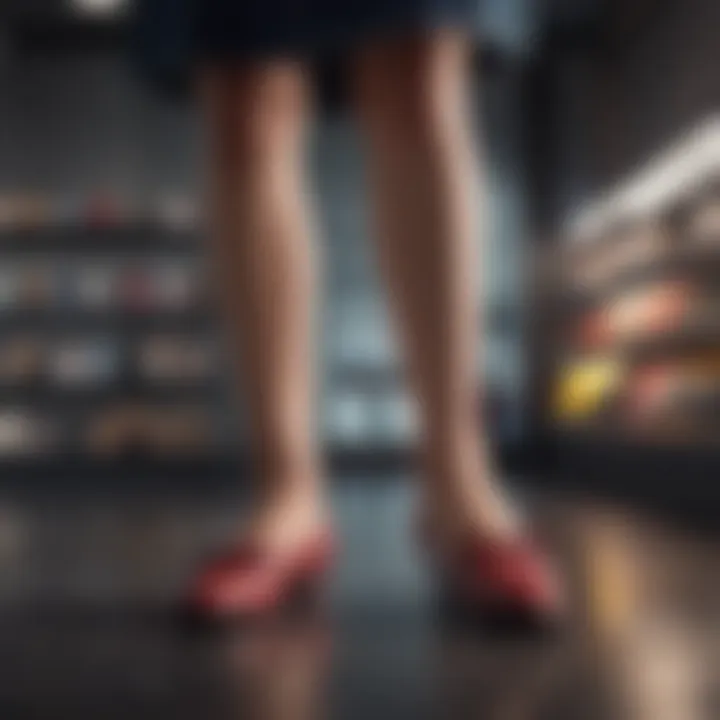 A person trying on flat shoes in a store, focusing on fit and comfort.