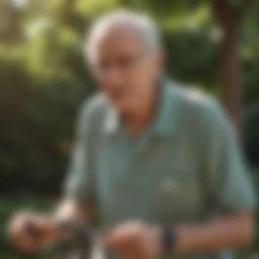 Elderly individual participating in a gentle exercise routine in a serene outdoor setting.