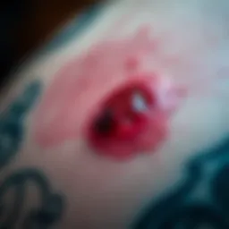 A close-up view of a fresh tattoo showing signs of infection.