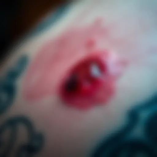 A close-up view of a fresh tattoo showing signs of infection.