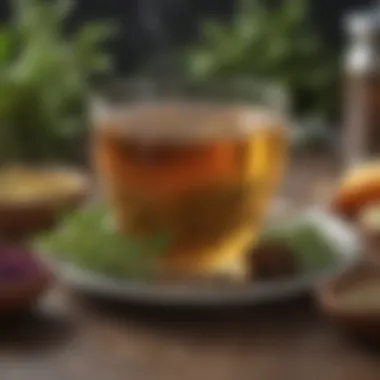 A close-up view of a cup of herbal tea surrounded by fresh herbs and spices