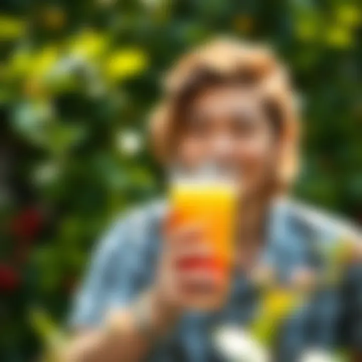 Savoring Freshness in Nature A person enjoying a refreshing glass of juice outdoors