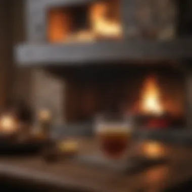 A cozy setting with a hot toddy next to a fireplace