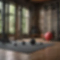 Various gym equipment options laid out in a home setting