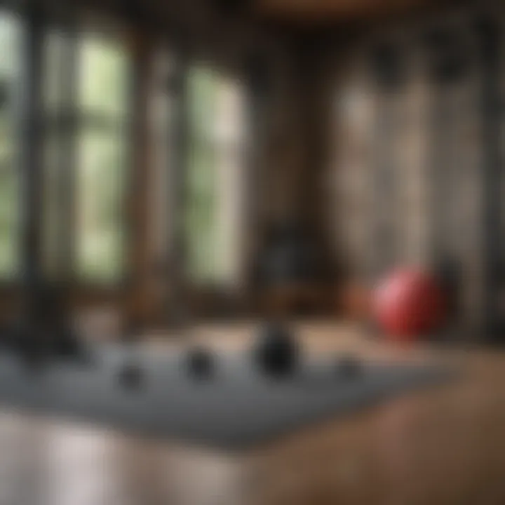 Various gym equipment options laid out in a home setting