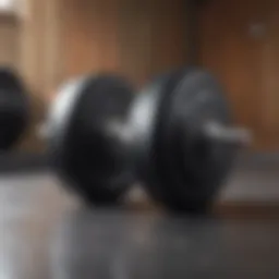 Close-up of a heavy dumbbell on a gym floor showcasing its textures