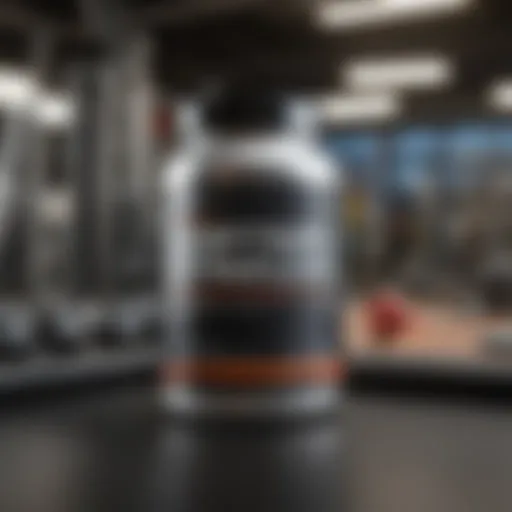 A close-up of a pre-workout supplement container surrounded by gym equipment.