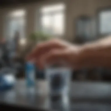 A hand holding a glass of water with supplements on a gym bench.