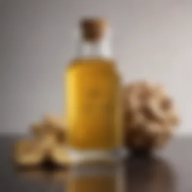Concentrated Ginger Extract A close-up of ginger extract in a glass bottle, emphasizing its concentrated form and health implications.