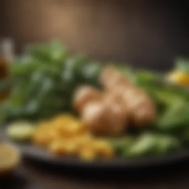 An artistic arrangement of ginger supplements alongside green vegetables, highlighting their role in wellness.