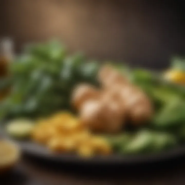 An artistic arrangement of ginger supplements alongside green vegetables, highlighting their role in wellness.