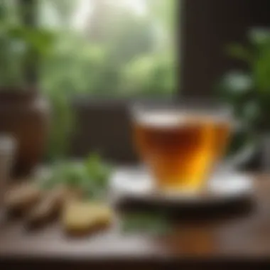 A serene setting with a cup of ginger tea infused with herbs, symbolizing relaxation and health benefits.