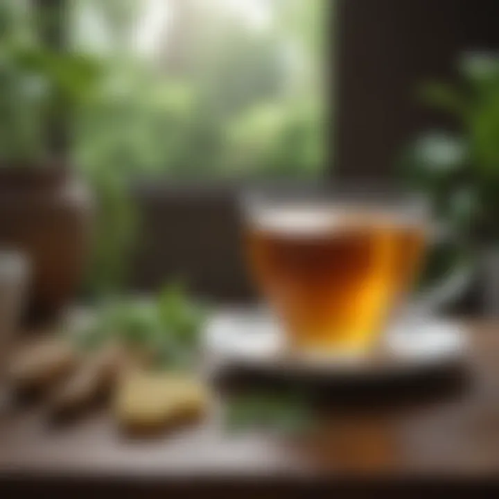 A serene setting with a cup of ginger tea infused with herbs, symbolizing relaxation and health benefits.