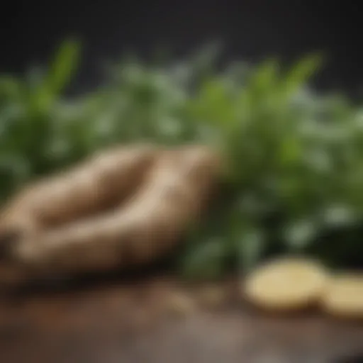A vibrant ginger root surrounded by fresh herbs showcasing its natural form and essence.