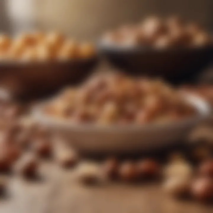 An artistic arrangement of nuts against a backdrop of healthy foods