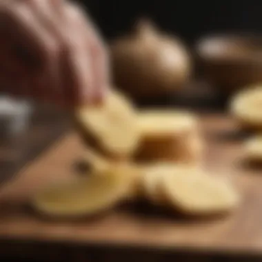 Sliced ginger on a wooden board