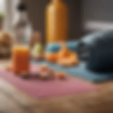 Close-up of a yoga mat with a water bottle and healthy snacks