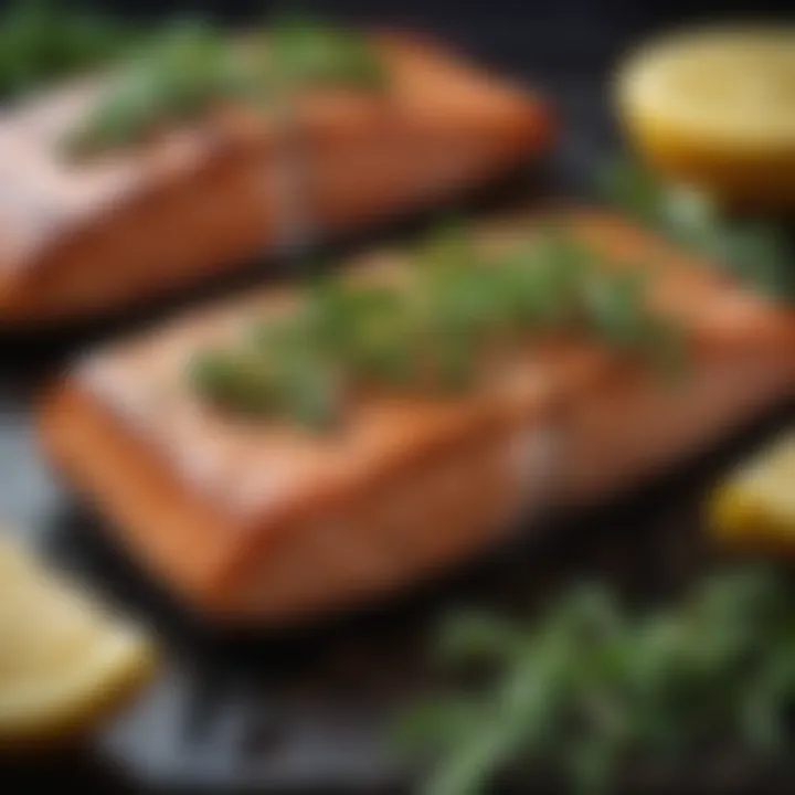 Salmon being grilled with herbs