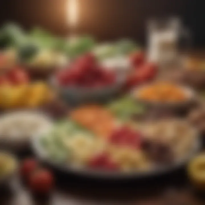 An assortment of nutritious foods displayed with their caloric values