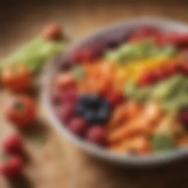 A vibrant bowl of high-fiber fruits and vegetables, symbolizing dietary fiber sources.