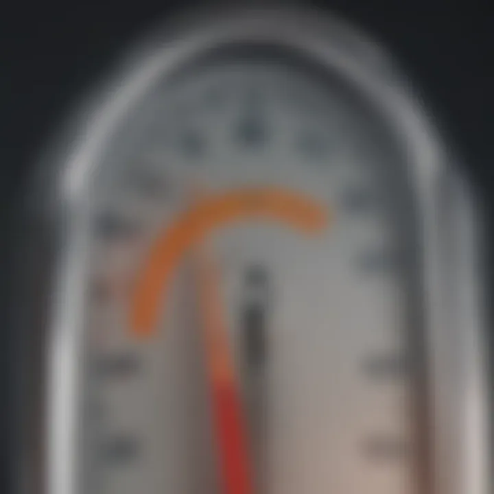 Close-up of a thermometer showing high temperature