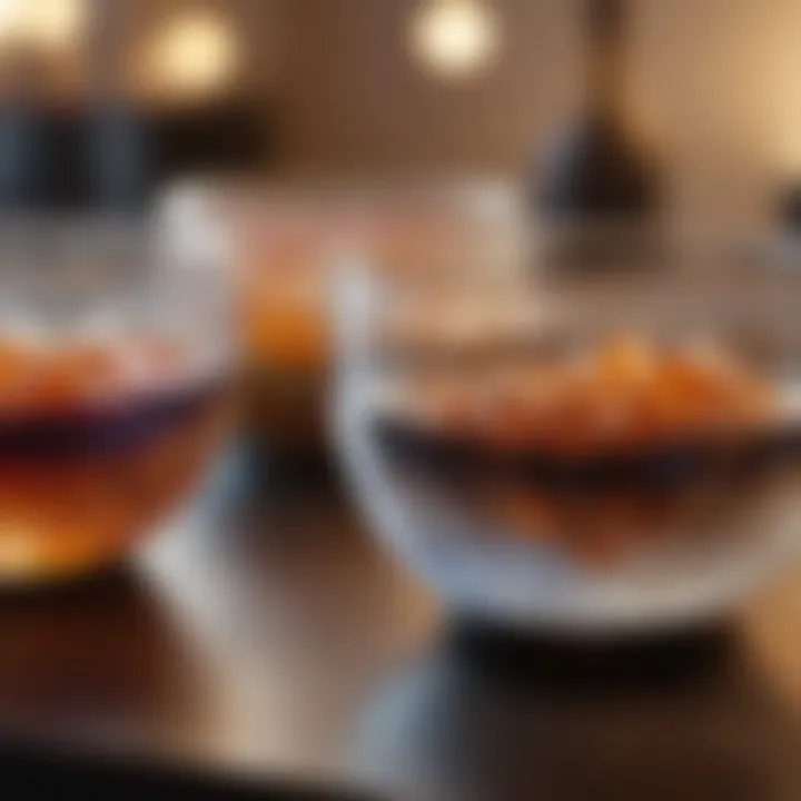 A close-up of crystal singing bowls arranged for a sound session