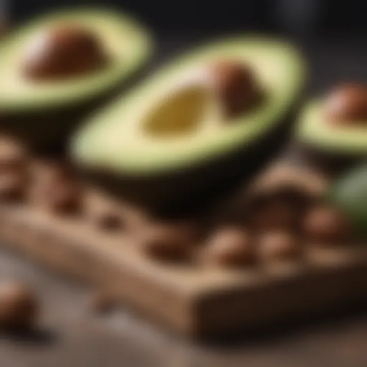 A selection of healthy fats, including avocados and nuts