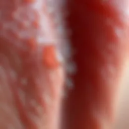A close-up of the skin surface showing sweat droplets