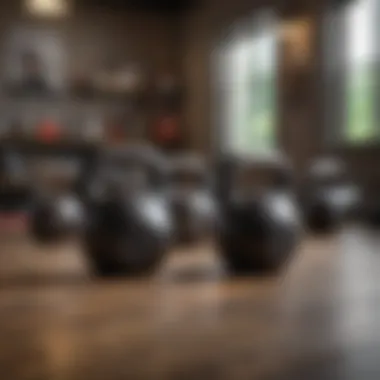 Kettlebells in a Dynamic Workout Environment A vibrant workout setting with kettlebells arranged for training