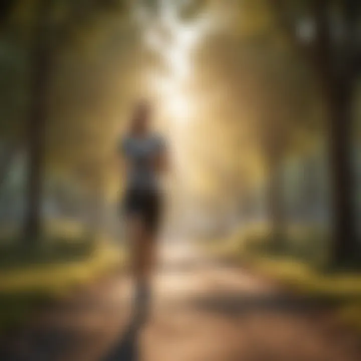 A person jogging in a scenic park during sunrise