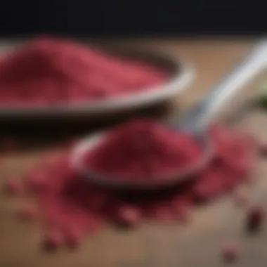 A close-up of Super Beets powder with a measuring spoon