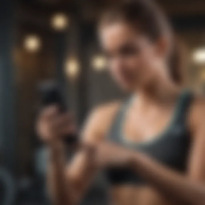 A person using a fitness app on a smartphone while exercising