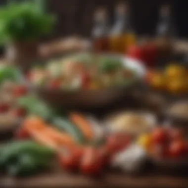 Essential Ingredients of the Mediterranean Diet A vibrant spread of Mediterranean ingredients featuring fresh vegetables and grains.